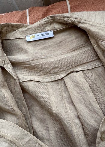 Bej Keten Düğmeli Kadın Gömlek - Görsel 3