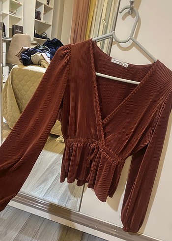 Stradivarius Stradivarius Kahverengi Kadife Pilili V Yaka Bluz