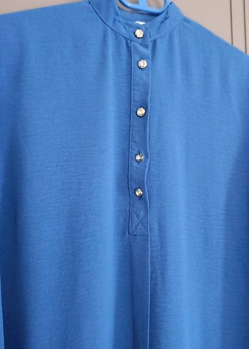 Düğmeli Mavi Kadın Midi Tunik - Görsel 2