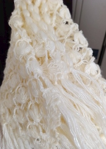 Krem rengi simli ip pamuklu yünlü Kadın Şal el örgüsü - Görsel 7