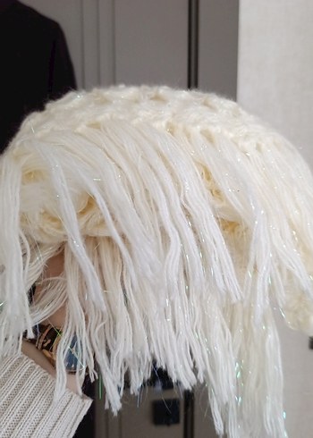 Krem rengi simli ip pamuklu yünlü Kadın Şal el örgüsü - Görsel 6