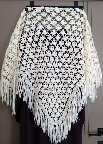 Krem rengi simli ip pamuklu yünlü Kadın Şal el örgüsü - Görsel 2