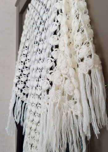 Krem rengi simli ip pamuklu yünlü Kadın Şal el örgüsü - Görsel 4
