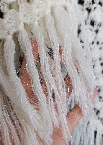 Krem rengi simli ip pamuklu yünlü Kadın Şal el örgüsü - Görsel 5