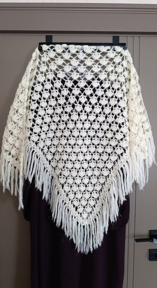 Krem rengi simli ip pamuklu yünlü Kadın Şal el örgüsü - Görsel 2