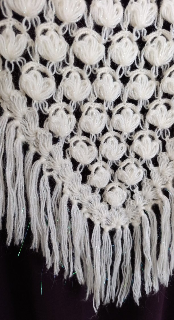 Krem rengi simli ip pamuklu yünlü Kadın Şal el örgüsü - Görsel 3