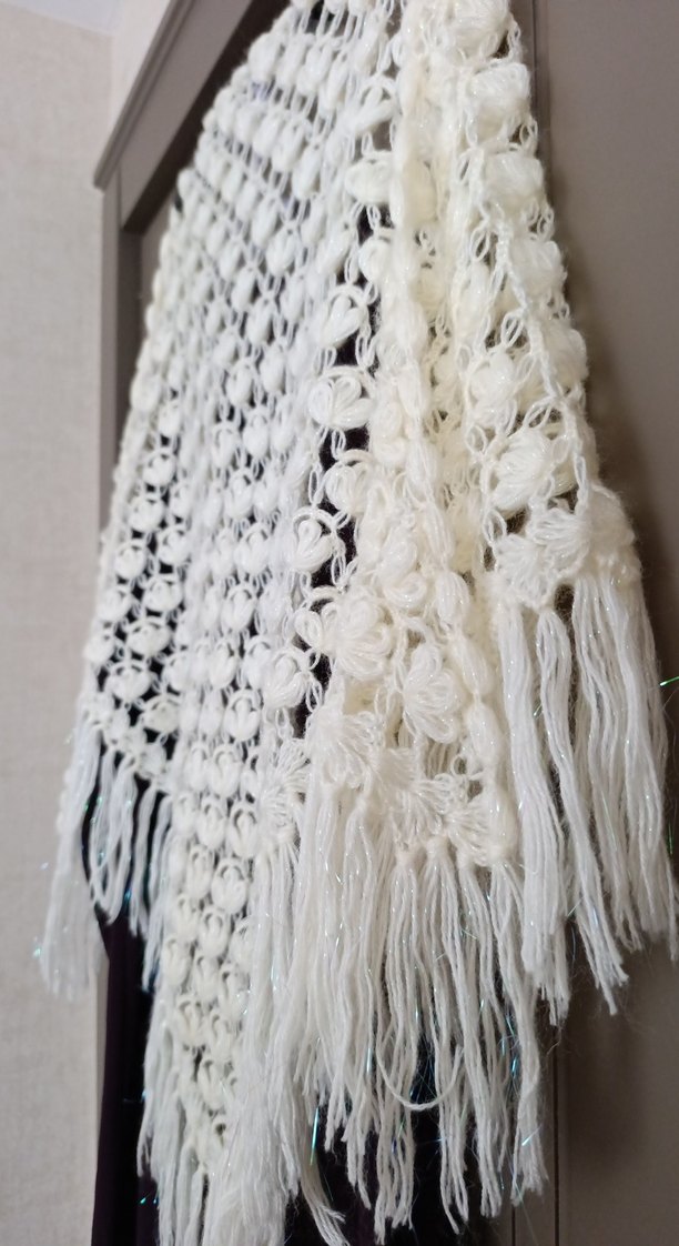 Krem rengi simli ip pamuklu yünlü Kadın Şal el örgüsü - Görsel 4