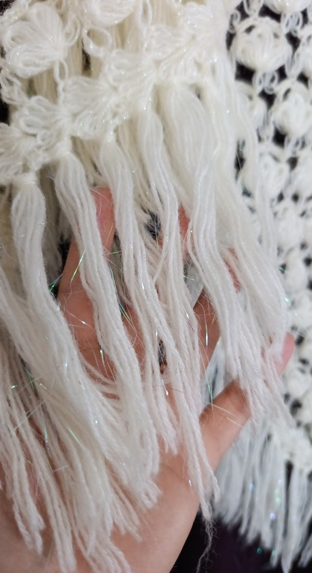 Krem rengi simli ip pamuklu yünlü Kadın Şal el örgüsü - Görsel 5