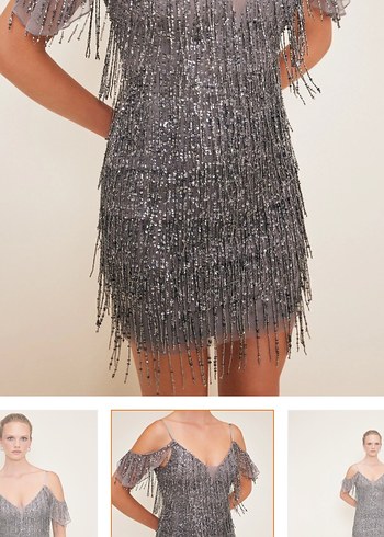 Boncuk İşlemeli Gri Mini Gece Elbisesi - Görsel 2