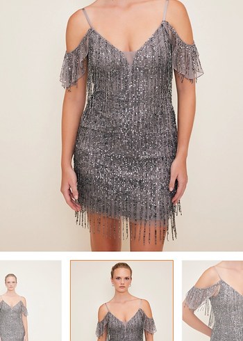 Boncuk İşlemeli Gri Mini Gece Elbisesi - Görsel 3