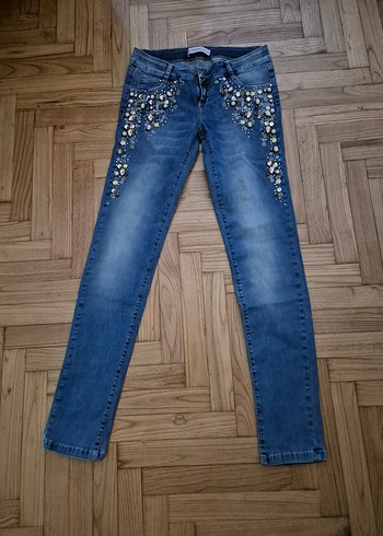 Mavi Payetli Nakışlı Normal Boy Kadın Kot Pantolon