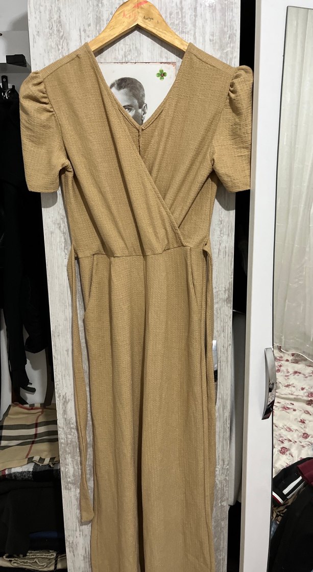 Bej Keten Hamile Tulum V Yakalı - Görsel 2