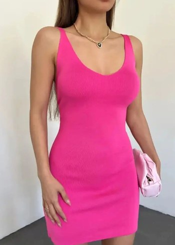 Pembe V Yakalı Merserize Mini Elbise - Görsel 2