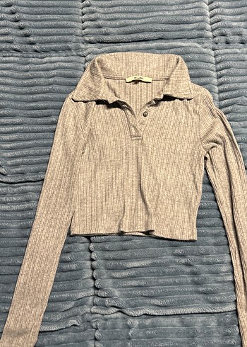 Gri Triko Uzun Kollu Polo Yaka Kadın Kazak - Görsel 3