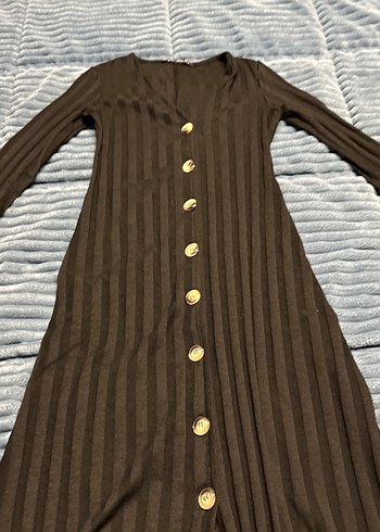 Uzun Kollu Siyah Düğmeli Elbise - Görsel 7