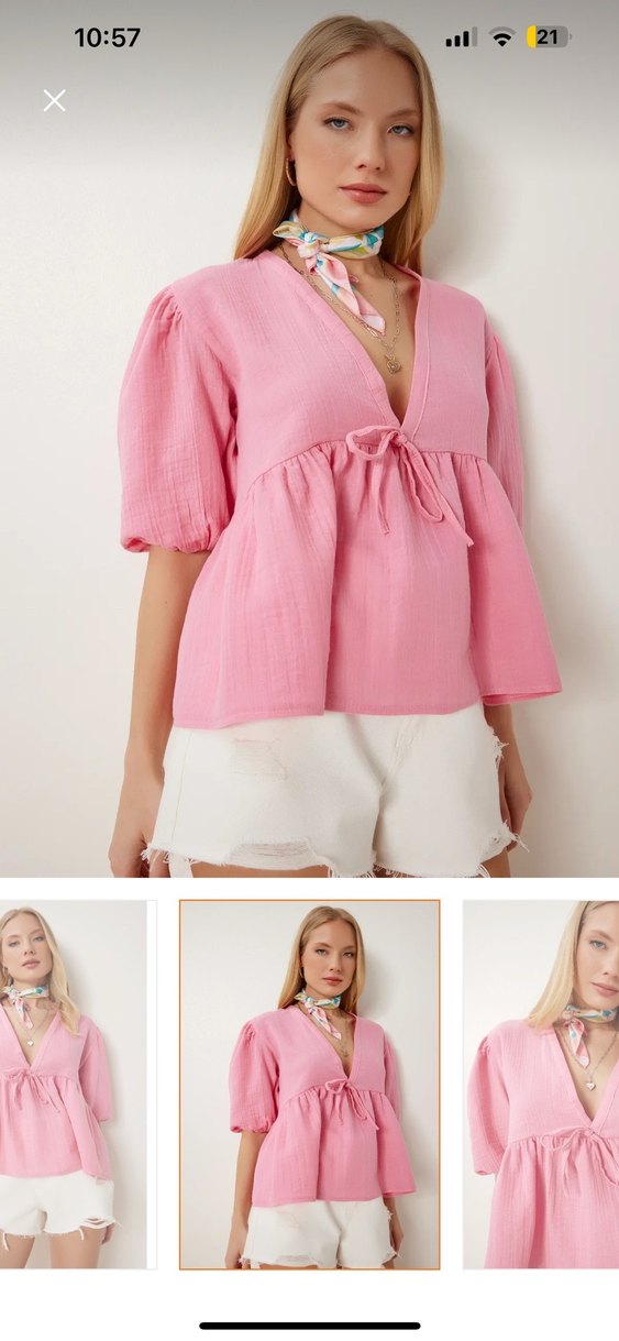 Pembe V Yaka Mini Kadın Bluz - Görsel 2