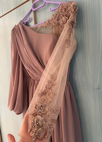 Bej Uzun Kollu Drapeli Abiye Elbise - Görsel 3