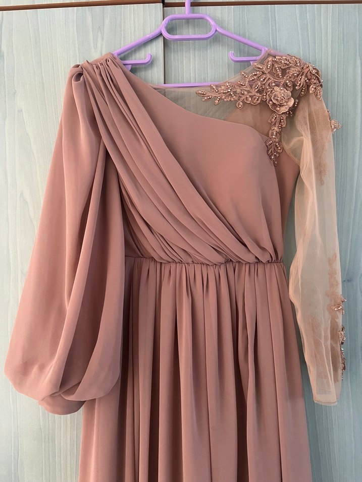 Bej Uzun Kollu Drapeli Abiye Elbise - Görsel 5