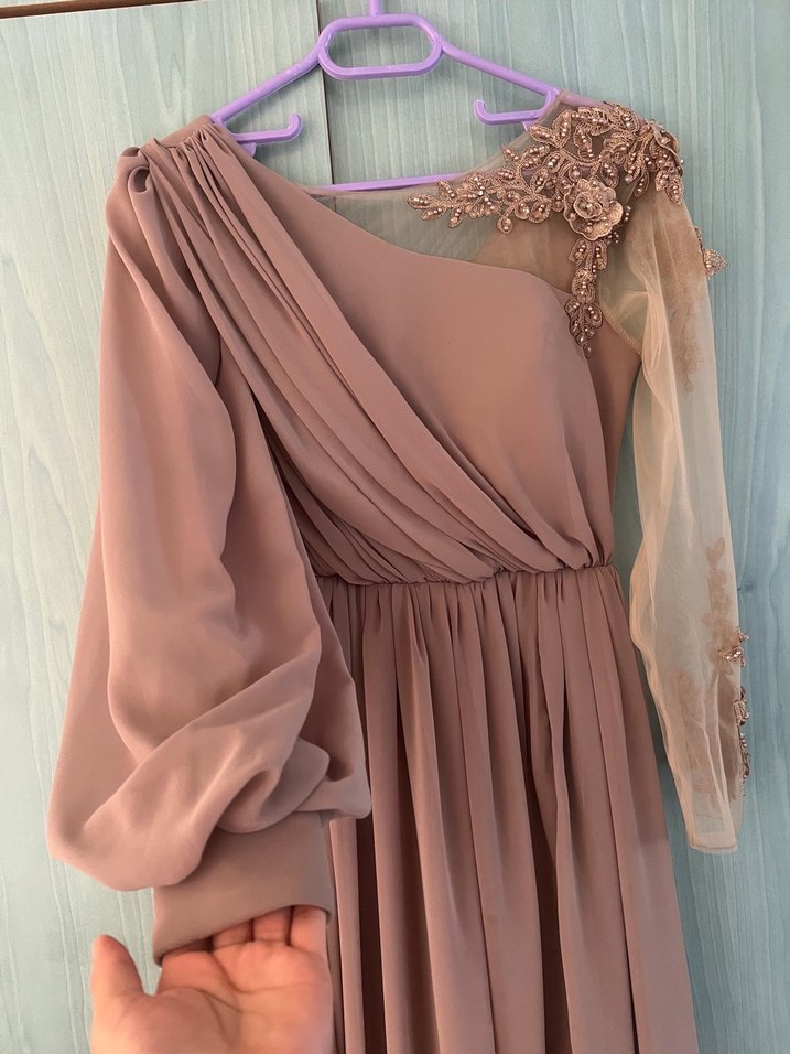 Bej Uzun Kollu Drapeli Abiye Elbise - Görsel 4