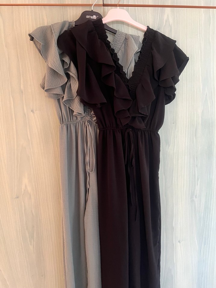 2 adet Yeşil Keten Kadın Tulum, V Yaka, Fırfırlı siyah - Görsel 3