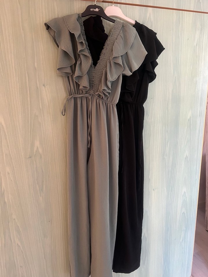 2 adet Yeşil Keten Kadın Tulum, V Yaka, Fırfırlı siyah - Görsel 2