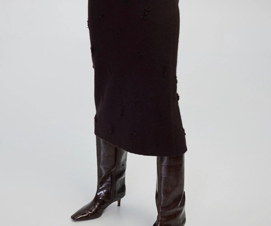 Kahverengi Nakışlı Örgü Midi Etek - Görsel 4