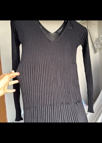 Siyah V Yaka Uzun Kollu Triko Elbise - Görsel 5