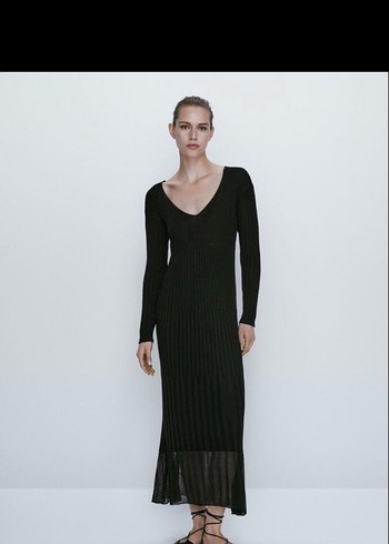 Siyah V Yaka Uzun Kollu Triko Elbise - Görsel 4