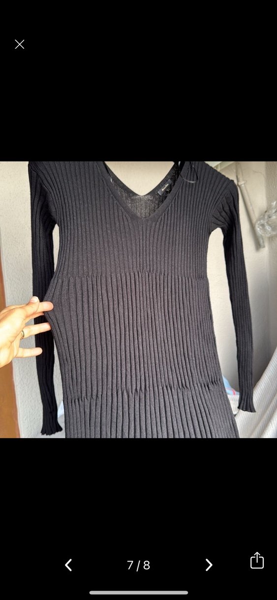 Siyah V Yaka Uzun Kollu Triko Elbise - Görsel 5