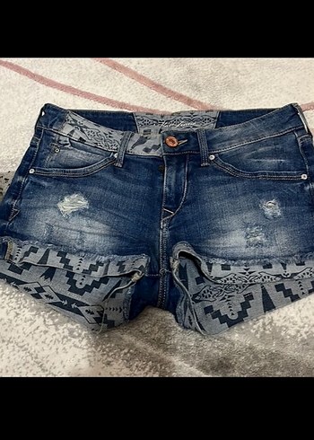 Dantel Detaylı Bohem Koyu Mavi Mini Denim Şort