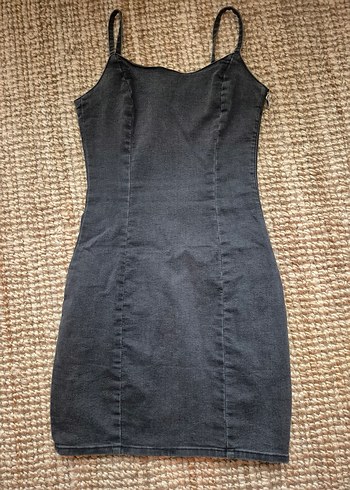 Gri Denim ince askılı Midi Elbise