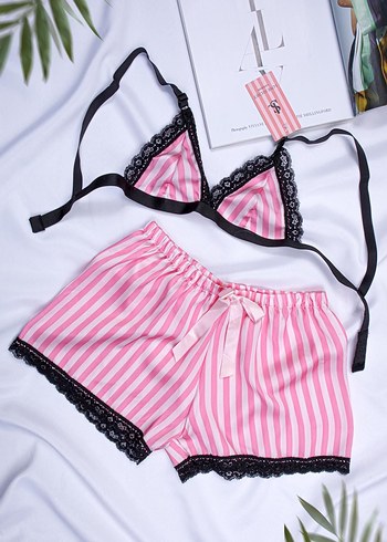 Pembe Çizgili Mini Bohem Kadın Pijama Takımı