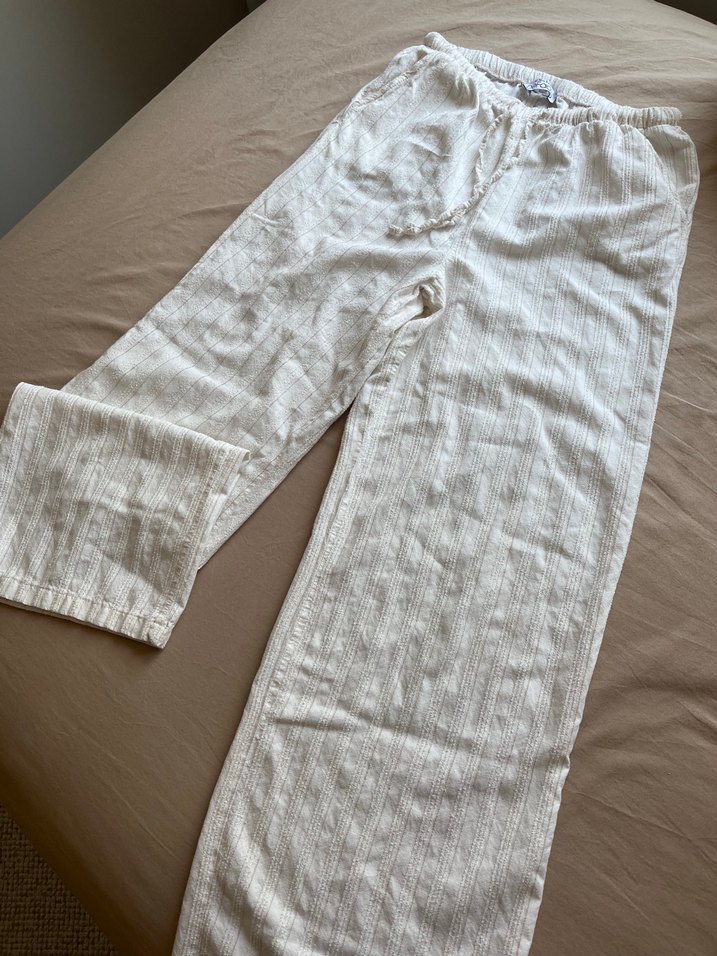 Krem Çizgili Bohem Kadın Keten Pantolon - Görsel 2