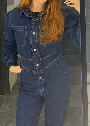 Düğmeli Lacivert Denim Kadın Tulum