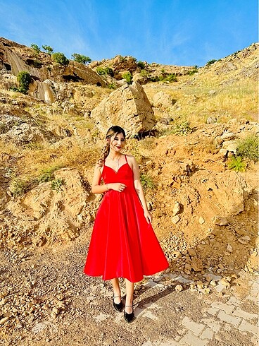 Kırmızı Midi Elbise - Görsel 7