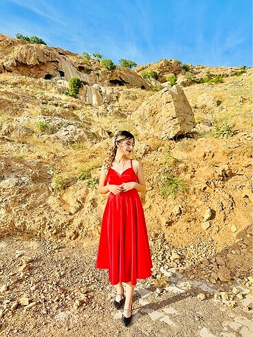 Kırmızı Midi Elbise - Görsel 8