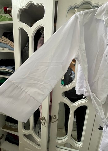 l Beden Gevşek Kesim Uzun Kollu Beyaz Keten Gömlek