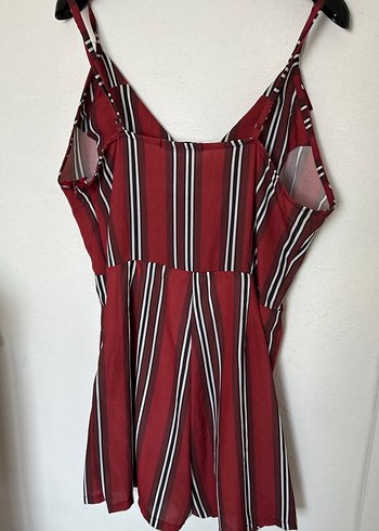 Bordo Çizgili V Yaka Kısa Tulum - Görsel 5