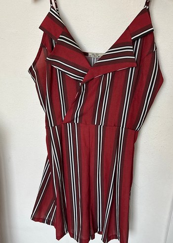 Bordo Çizgili V Yaka Kısa Tulum - Görsel 2