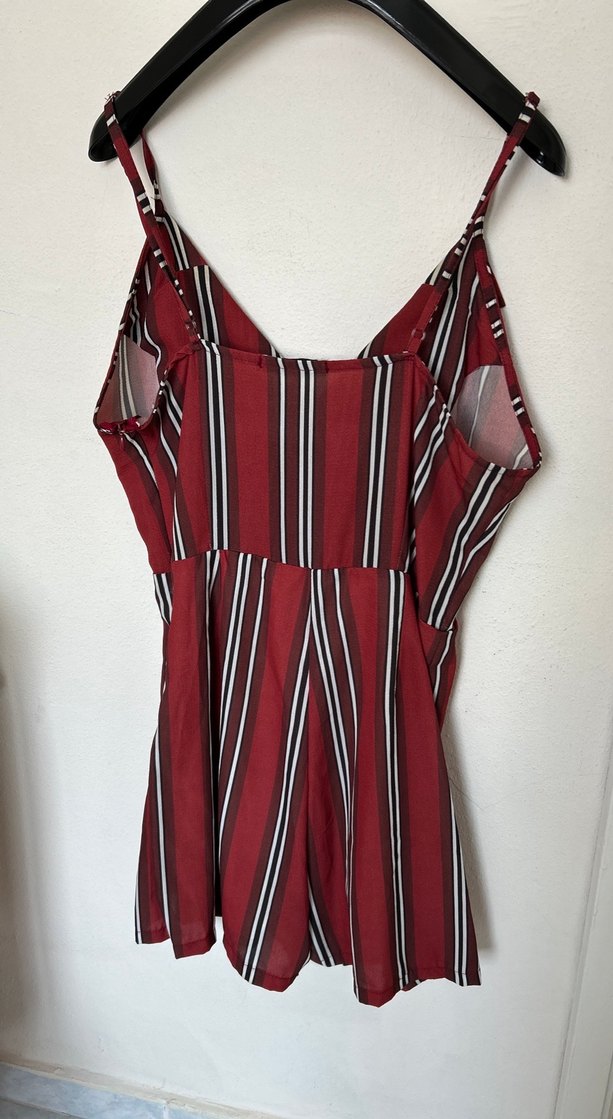 Bordo Çizgili V Yaka Kısa Tulum - Görsel 5