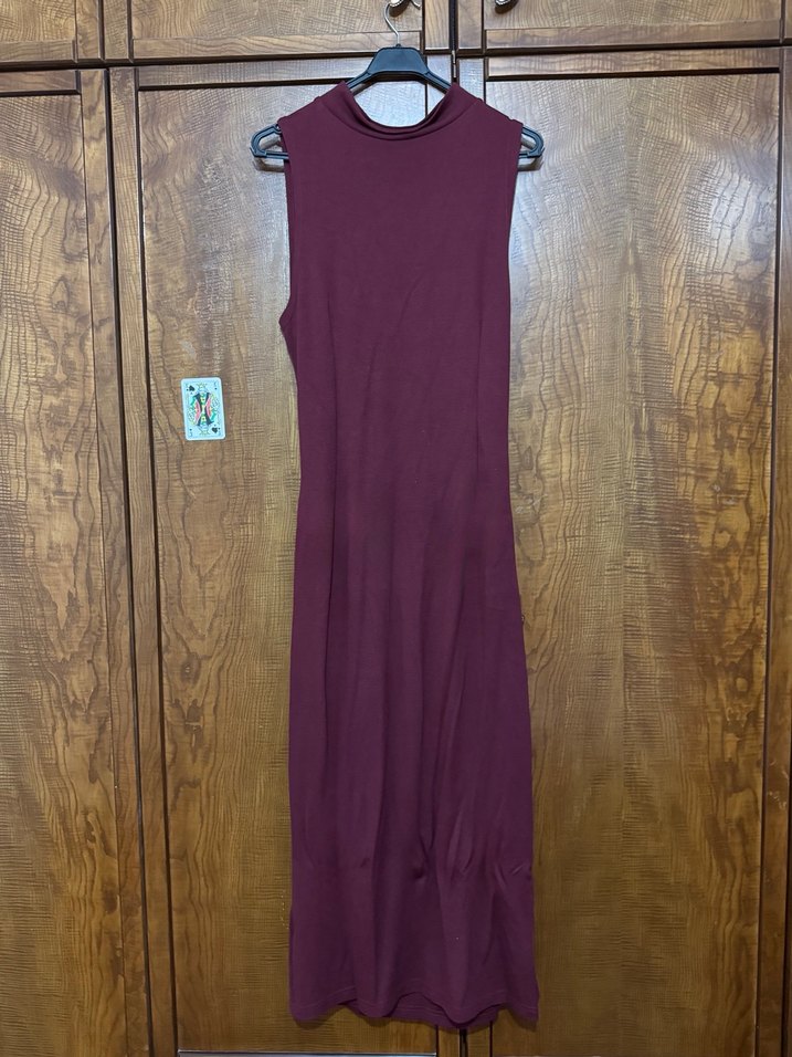 Bordo Uzun Sıfır Kol Drapeli Elbise - Görsel 3