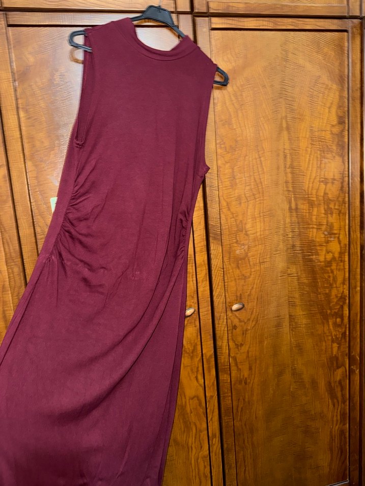 Bordo Uzun Sıfır Kol Drapeli Elbise - Görsel 2