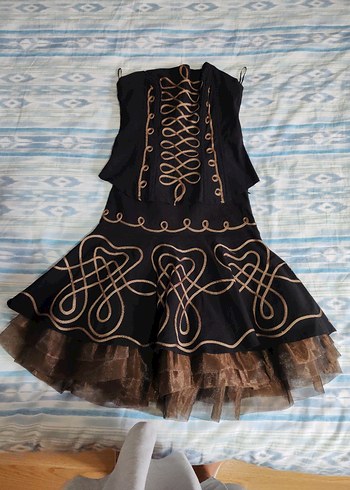 Diğer Nakışlı Siyah Straplez Gotik Mini Elbise