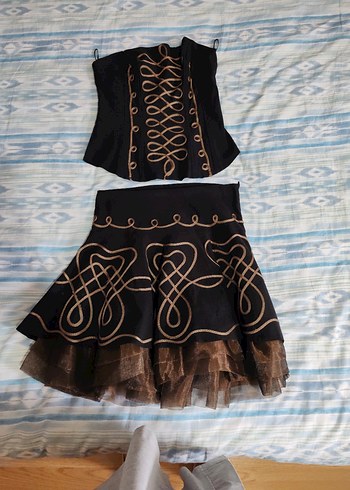 Nakışlı Siyah Straplez Gotik Mini Elbise