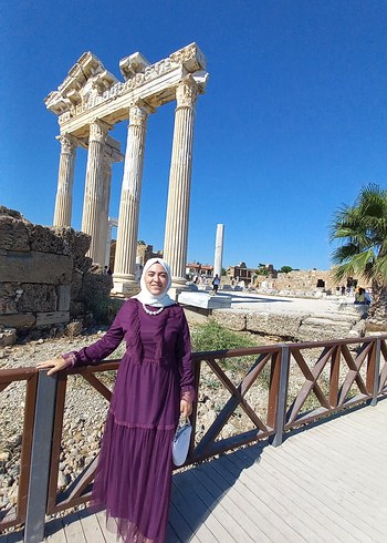 Uzun Kollu Etnik Desenli Mor Bohem Elbise