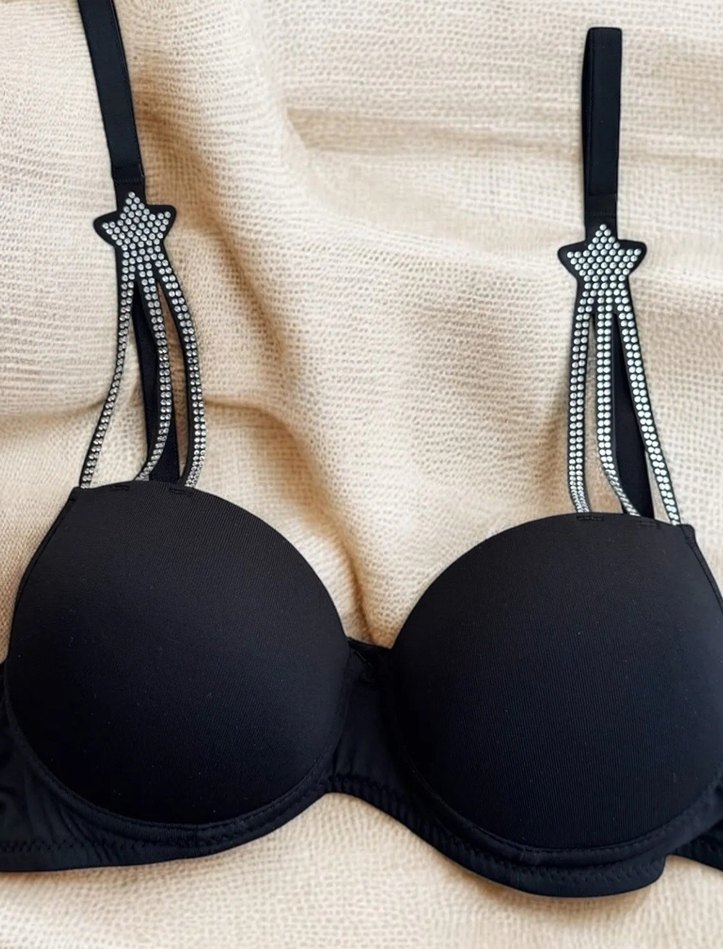 Siyah Parlak Taşlı Goth Sütyen ve Tanga Takım 90 b - Görsel 2