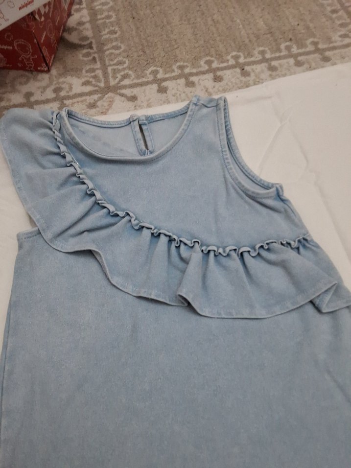 Kolsuz Mavi Denim Kız Elbise - Görsel 2