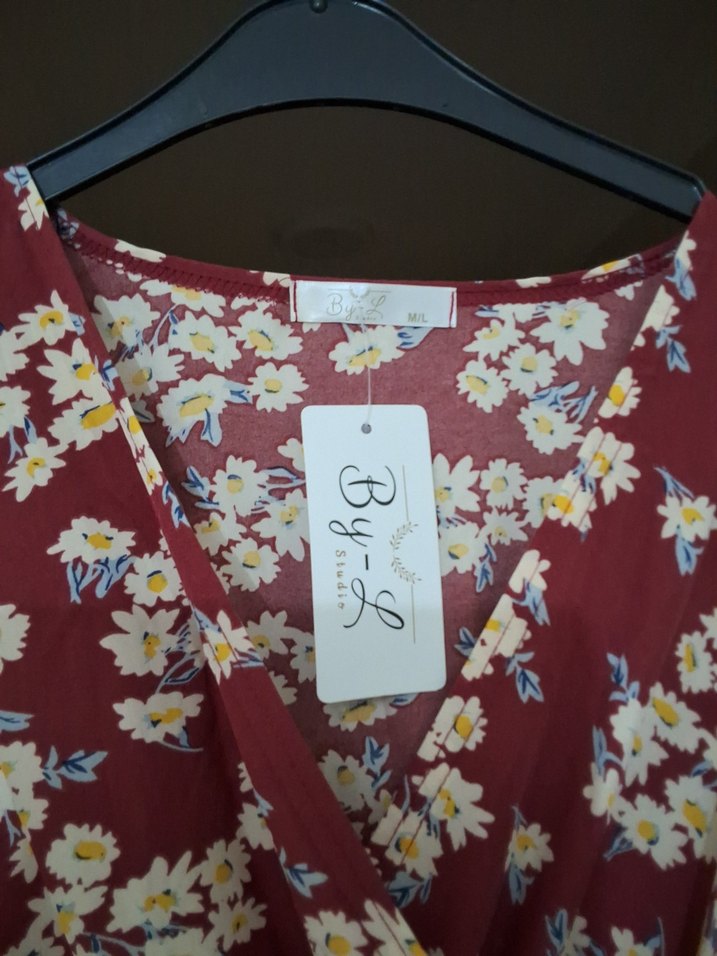 Bordo Çiçek Desenli Uzun Bohem Elbise - Görsel 3