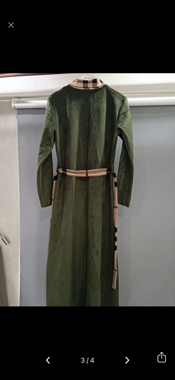 Düğmeli Haki Kadın Süet Uzun Kaban - Görsel 3