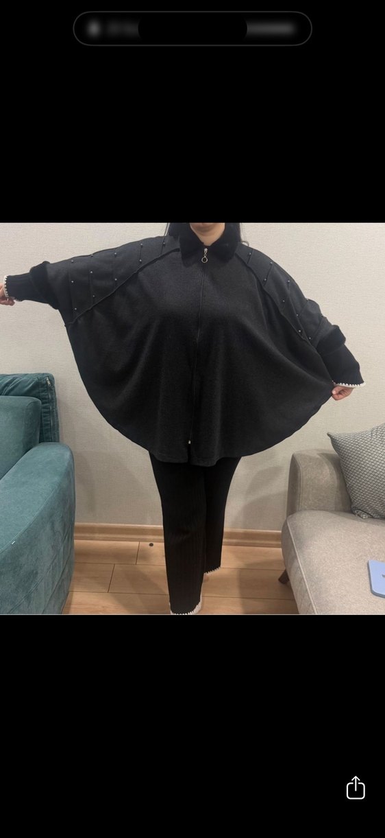 Düğmeli Siyah Uzun Kollu Kadın Panço - Görsel 3